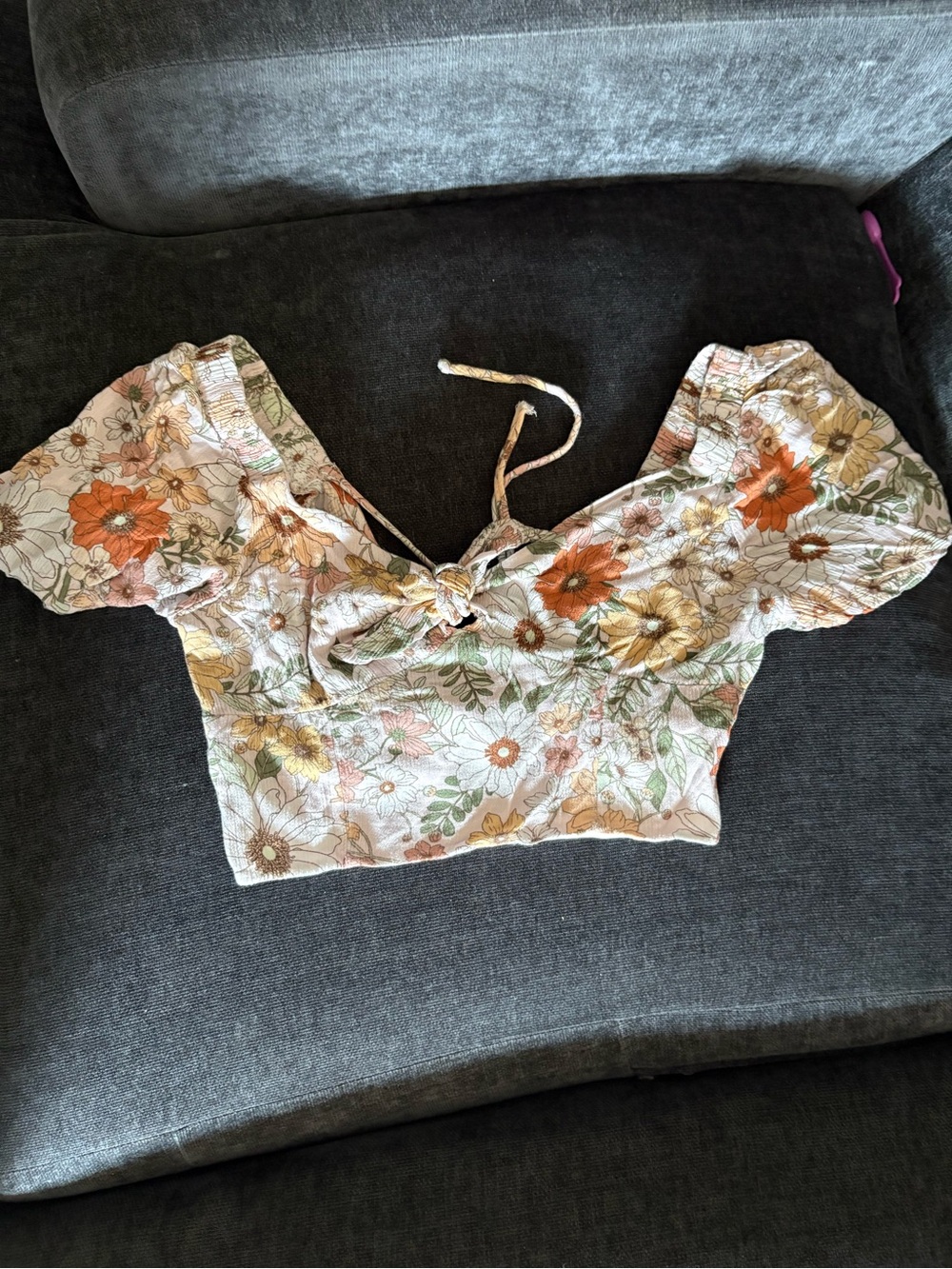 Altar'd State Cream Floral Tie-Front Crop Top with Orange & Yellow Blooms